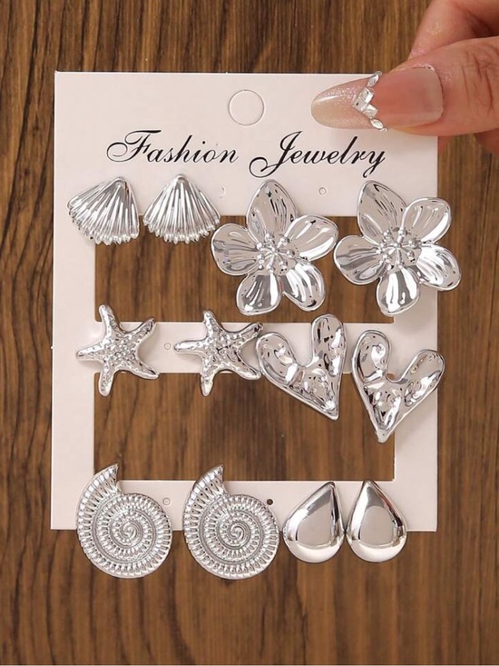 Fashion Jewelry Jewelry - SHEIN Silver Ocean & Floral Earring Set - 6 Pairs